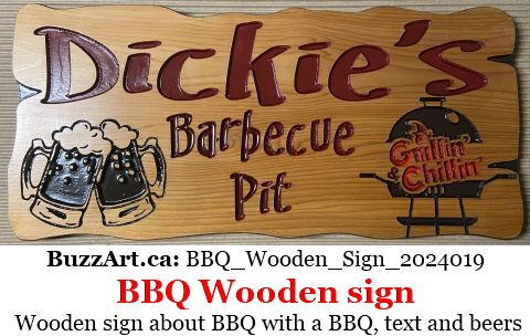 Wooden sign about BBQ with a BBQ, text and beers